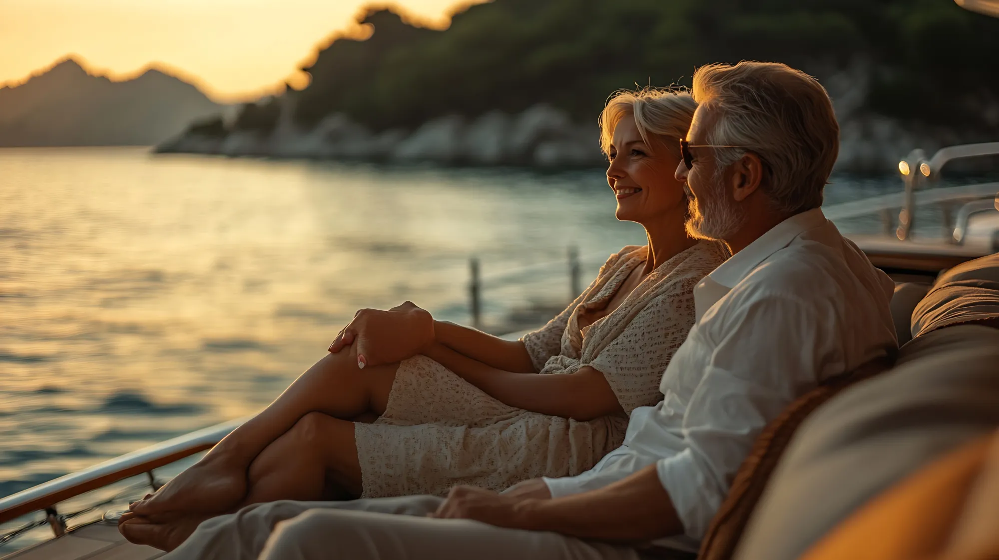 Romantic vacation and luxury travel Senior loving couple sitting on the yacht deck Sailing the river